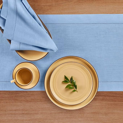 Solino Home Linen Cornflower Blue Table Runner 120 Inches Long - 100% Pure Linen Hemstitch 14 x 120 Inch Table Runner for Dining, Christmas, Holiday - Classic Hemstitch