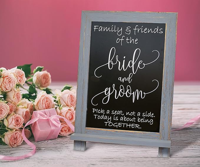 Better Office Products Framed Tabletop Chalkboard Sign, 9.5" x 14", Rustic Wood Frame, Small Magnetic Chalkboard with Built-in Ledge and Folding Stand, One White Chalk Marker Included,(Gray wash)
