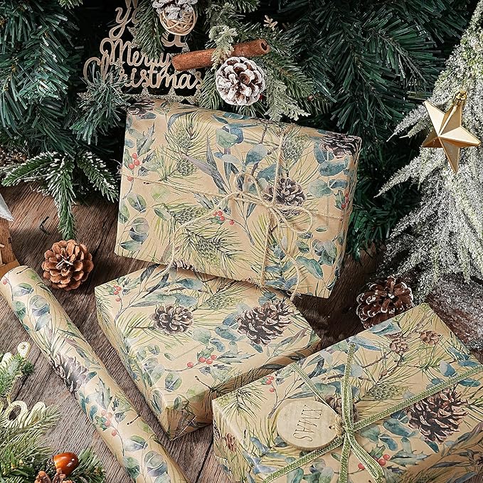 RUSPEPA 30" X 32.8' Kraft Christmas Wrapping Large Paper Roll, Jumbo Roll, Watercolor Pinecone and Eucalyptus Leaf Design, Kraft Gift Wrap for Christmas, Winter Holiday Party, Rustic Natural Theme