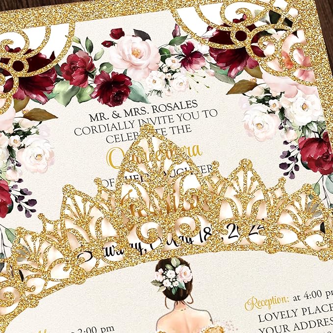 50Pcs Gold Crown Quinceanera Invitation for 15 year, Sweet 16, Miss XV, Birthday Laser Cut Quince Invitation Cards Personalized Glitter Gold