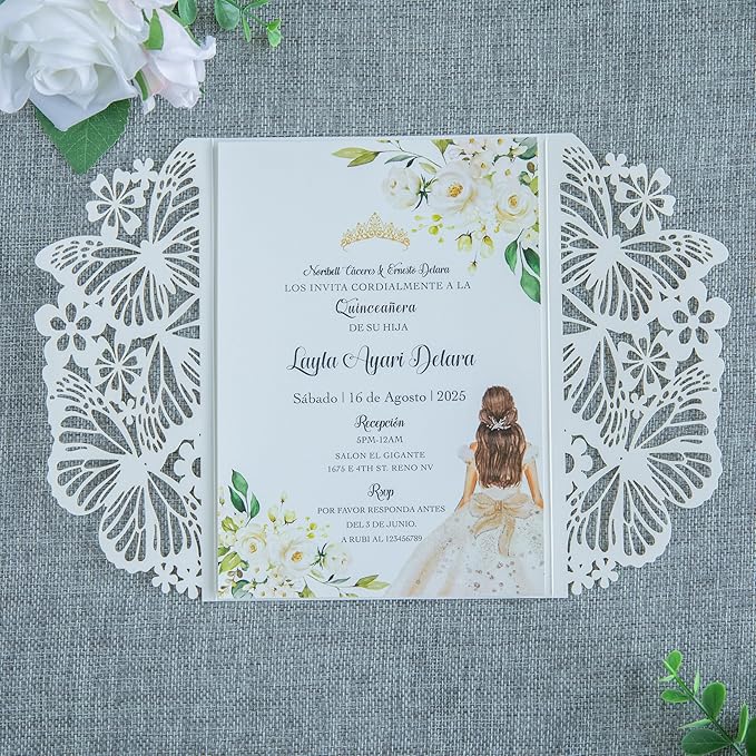 20 PCS 5.12x7.2 Butterfly Quinceanera Invitation, Laser Cut Wedding Invitation Cards with Envelopes for XV Anos Bridal Shower Baby Shower Invite (Ivory)