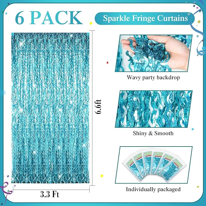 Jutom 6 Pieces 3.3 x 6.6 ft Wavy Tinsel Foil Fringe Curtains Foil Fringe Streamer Backdrop Party Curtain for Sea Mermaid Baby Shower Birthday Party Decoration(Blue Green)