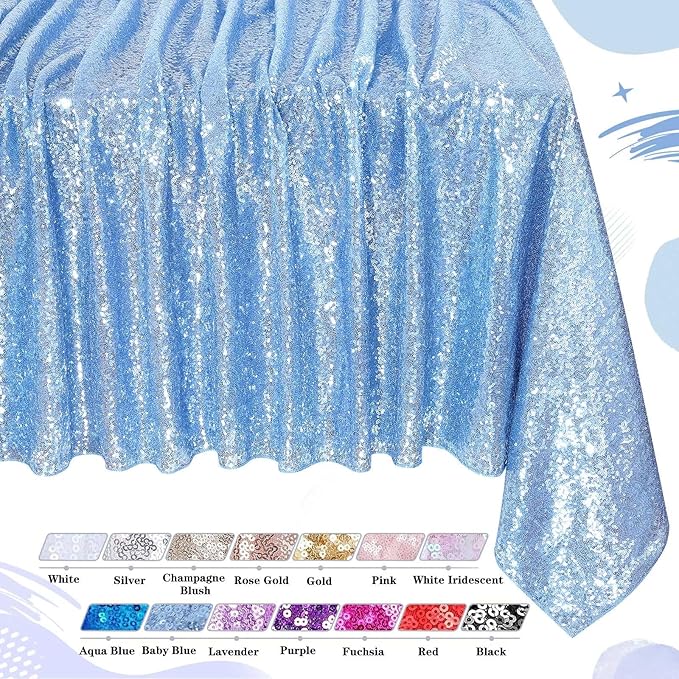 QueenDream Sparkly Sequin Tablecloth - Baby Blue Table Cloth 50x80 Inches Rectangle Table Overlay Fabric for Birthday Parties Baby Shower Decoration