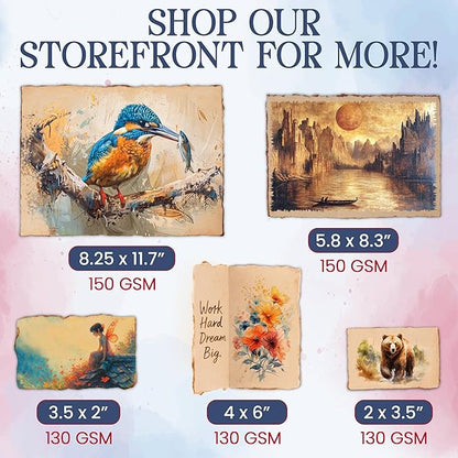 Wanderings Handmade Antique Deckle Edge Blank Paper - 8.25 x 11.7 - A4 Size Package of 50 - Recycled Watercolor Mixed Media Loose Leaf Paper for Writers Invitations Crafts - Thick 150 GSM