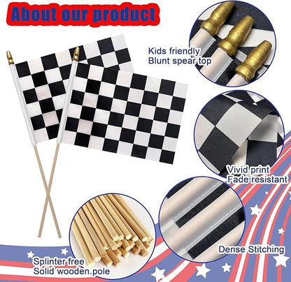 12Pcs 8×12 Inch Small Checkered Flags Black and White Racing Flags on Wood Stick Mini Race Car Handheld Flag Decorations