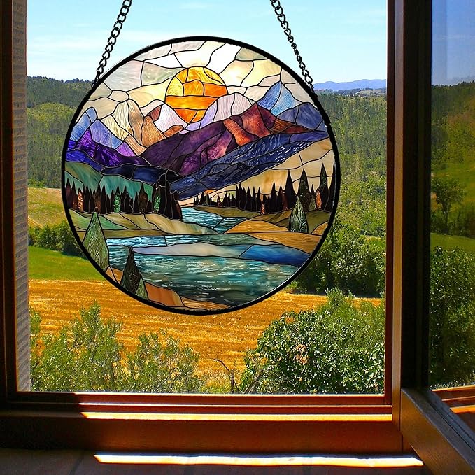 Stained Glass Window Hanging, Blue Lake Golden Sun Abstract Mountains Landscape Suncatcher for Doors Window Home Sun Catchers Decor Mother's Day Birthday Gifts for Women Men Mom 6.3 in