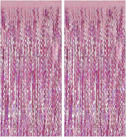 Pink Streamers Fringe Backdrop Tinsel Foil Fringe Curtains Wavy Backdrop for Parties Sparkle Metallic Wavy Foil Fringe Backdrop Curtain Photo Booth Props for Birthday Wedding