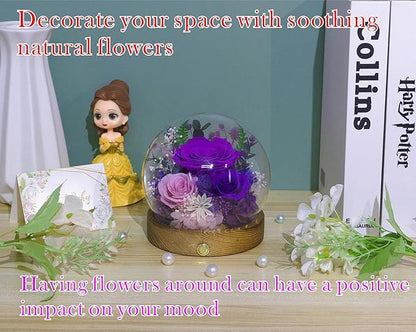 Valley of Rain & Forest Long-Lasting Real Flowers, Unique Floral Gift for You to Send Love for All Occasions, for Indoor Decoration (Dark Purple & Pink Roses Arrangement)