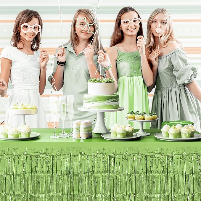 8 Pack Light Green Table Skirts, 29x108" Metallic Foil Tinsel Fringe Table Skirts for Rectangle Tables Streamer Curtains Backdrop, Party Decorations for Birthdays Weddings Holidays