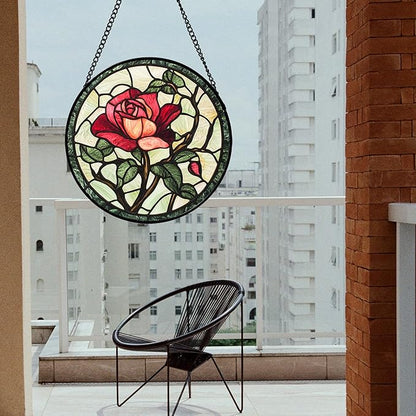 Stained Glass Window Hanging, Red Rose Flowers Sun Catcher for Door Garden Home Decor Suncatcher Christmas Mother's Day Birthday Gifts for Women Lovers Men Wife Girlfriend Mom Nana 9.8 in