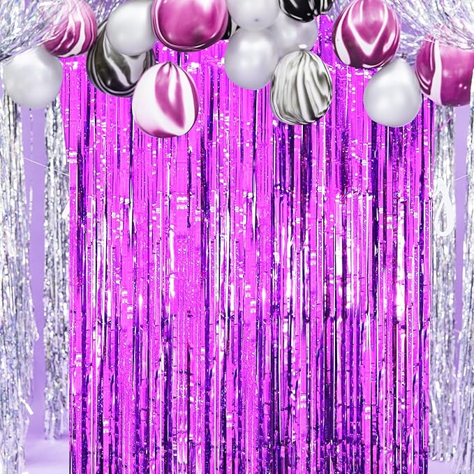 2 Pack Purple Tinsel Foil Fringe Curtains, Purple Party Decorations, Metallic Tinsel Party Streamers Backdrop for Halloween Mermaid Bachelorette Graduation Party Decorations