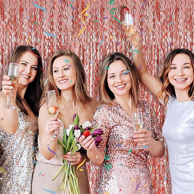 Rose Gold Tinsel Foil Fringe Curtains Wavy Backdrop for Parties Sparkle Metallic Wavy Foil Fringe Backdrop Curtain Photo Booth Props Birthday Graduation Wedding Bachelorette Party Decorations