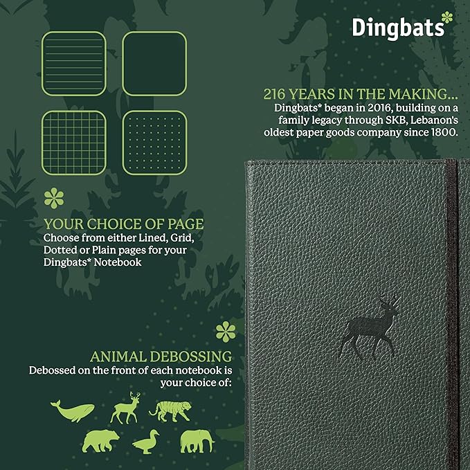 Dingbats* Wildlife Dotted Journal Notebook A5 - Vegan Leather Hard Cover, Ideal for Work, Travel - Pocket, Elastic Closure, Bookmark