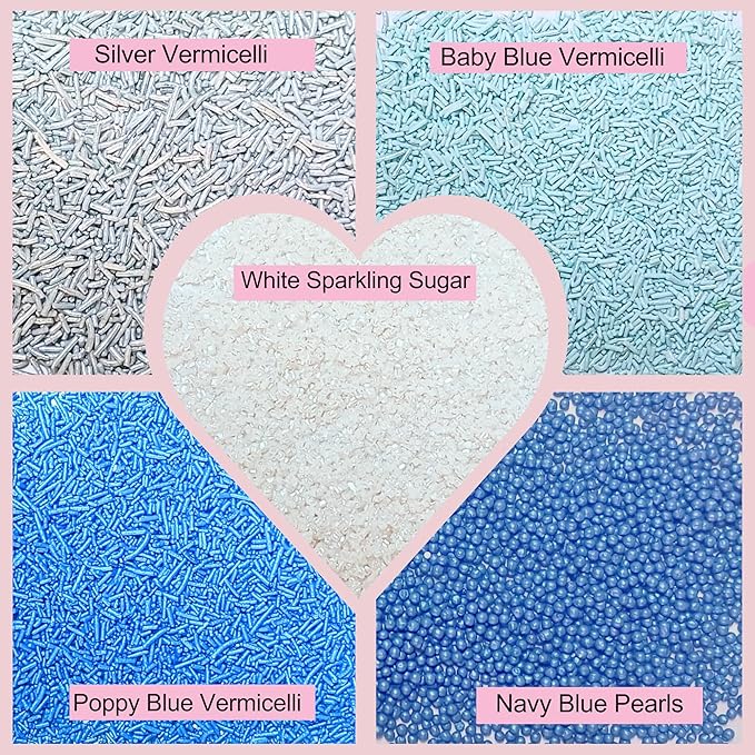 Confect Blue Sprinkles Mix – 5 Shades of Blue with Navy Dragees, Silver, Baby Blue Jimmies & White Sparkling Sugar | Edible Sprinkles for Cakes, Cupcakes & Baking | Vegan, Gluten-Free, Nut-Free, Soy-Free, Dairy-Free, Palm Oil-Free- 5 Oz