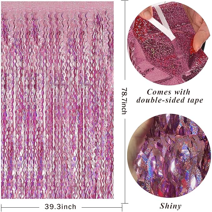 Pink Tinsel Foil Fringe Curtains Wavy Backdrop for Parties Sparkle Metallic Wavy Foil Fringe Backdrop Curtain for Party Decorations Photo Booth Props for Birthday Graduation Wedding