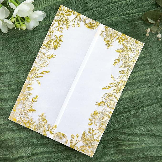 PONATIA 50 PCS Vellum Jackets for 5x7 Wedding Invitation Cards- 135gsm Floral Printed Vellum Sleeves, Invitation Cards Wraps (Champagne Gold Foil)