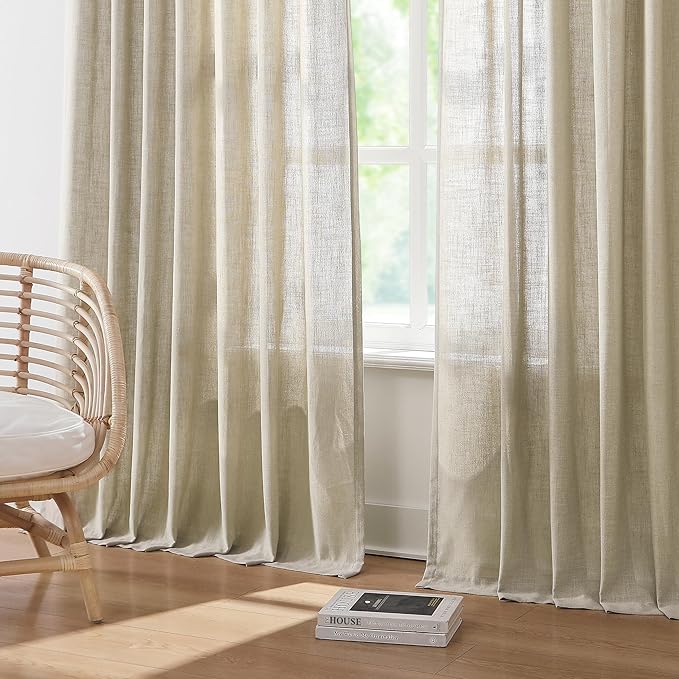 Vision Home Sand Pinch Pleated Semi Sheer Curtains Textured Linen Blended Light Filtering Window Curtains 84 inch for Living Room Bedroom Pinch Pleat Drapes with Hooks 2 Panels 40" Wx84 L,Camel Beige