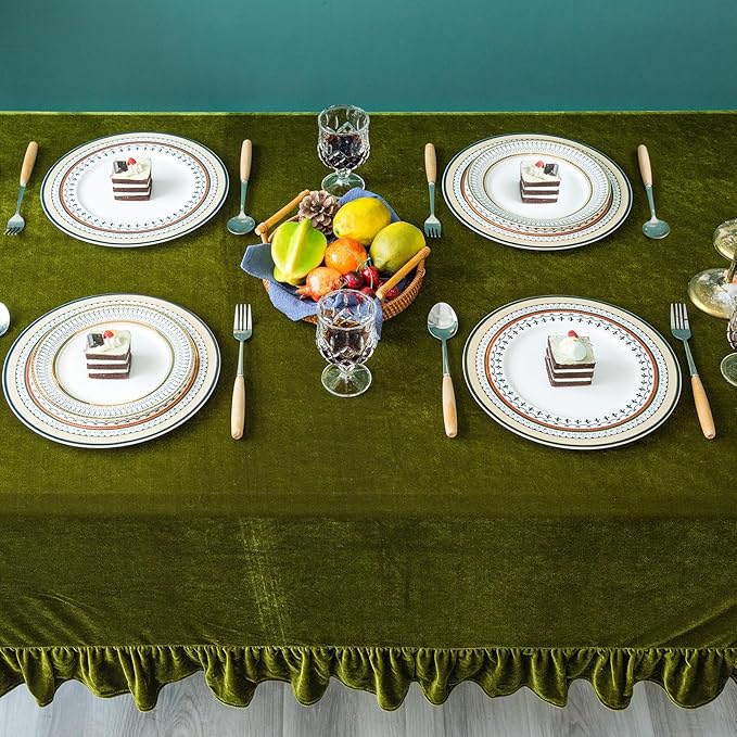 Velvet Tablecloth Luxurious Solid Rectangle Table Cloth,Oblong Retro Farmhouse Ruffle Tablecloths Washable Table Cover for Party Olive Green,52x70 Inches
