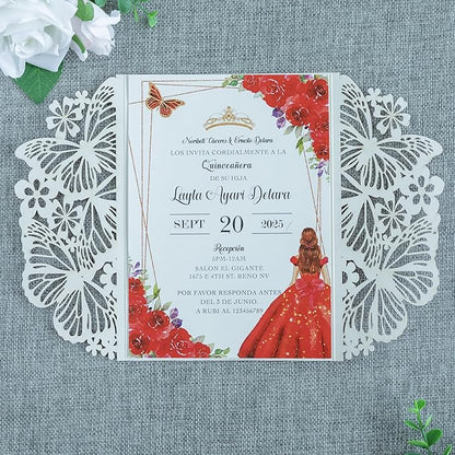 20 PCS 5.12x7.2 Butterfly Quinceanera Invitation, Laser Cut Wedding Invitation Cards with Envelopes for XV Anos Bridal Shower Baby Shower Invite (Red Glitter)