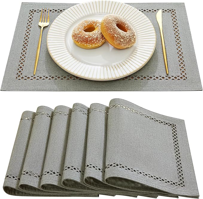 Burlap Placemats Set of 6, 12 x 18 Inch Rustic Geometric Hollow Place Mats, Heat Resistant Placemats for Farmhouse Kitchen Table Decor, Grey 6PCS