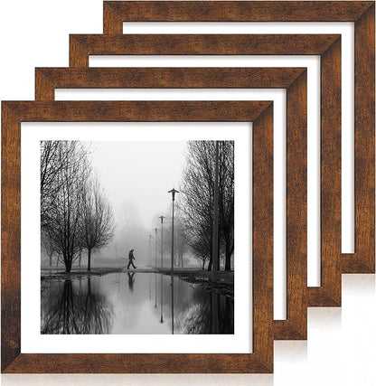 12x12 Picture Frame Set of 4 with Tempered Glass, Rustic Frame Display 10x10 Pictures with Mat or 12 x 12 Without Mat, Wood Square Photo Frames for Desktop Display and Wall Mounting