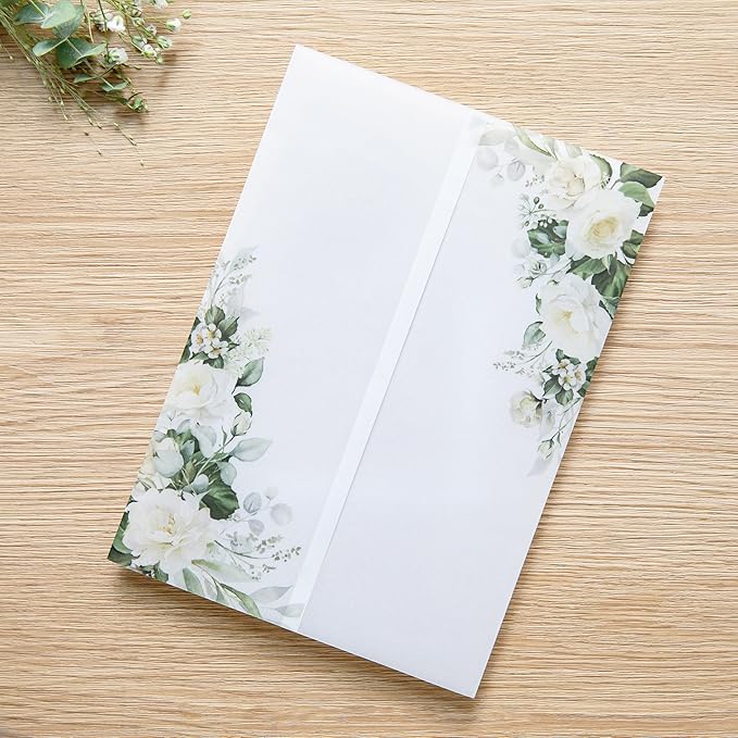 PONATIA 50 PCS Vellum Jackets for 5x7 Invitations- 135gsm White Floral Printed Vellum Sleeves, Quinceanera Wedding Invitation Cards Wraps, Green Flower Transparent Jacket
