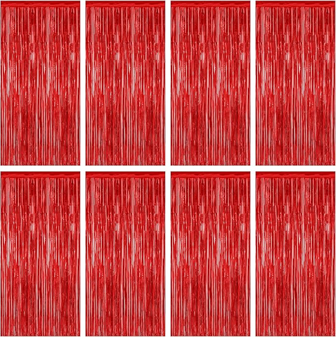 8 Pack Red Backdrop, 3.28 FT x 7.05 FT Streamer Party Decorations, Metallic Foil Fringe Curtains Party Streamer Photo Booth Backdrop, Red Tinsel Canival Theme Party Decor for Engagement Birthday