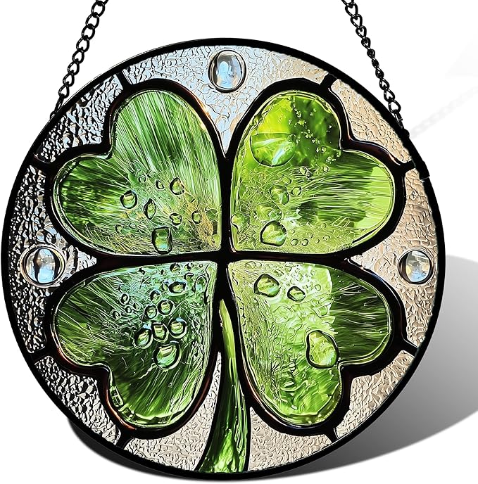 Stained Glass Window Hanging, Green Silver 4 Leaf Clover Sun Catcher for Window Door Home Decor Plant Suncatcher Christmas Mother's Day Birthday Gifts for Women Men Mom Nana 15 in