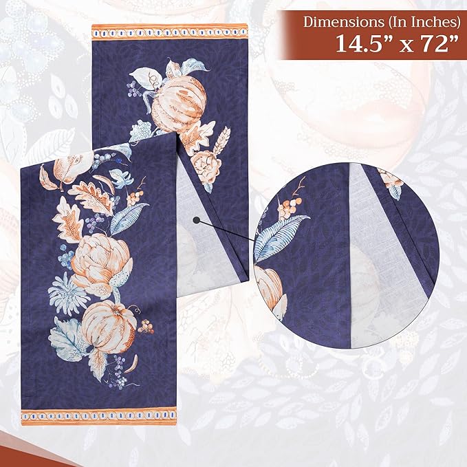 Maison d' Hermine Table Runner 100% Cotton Single Layer Table Runners 72 inches Long for Thanksgiving Christmas Decorations Home Kitchen Dining Party Wedding (Pumpkin Blues, 14.5" x 72")