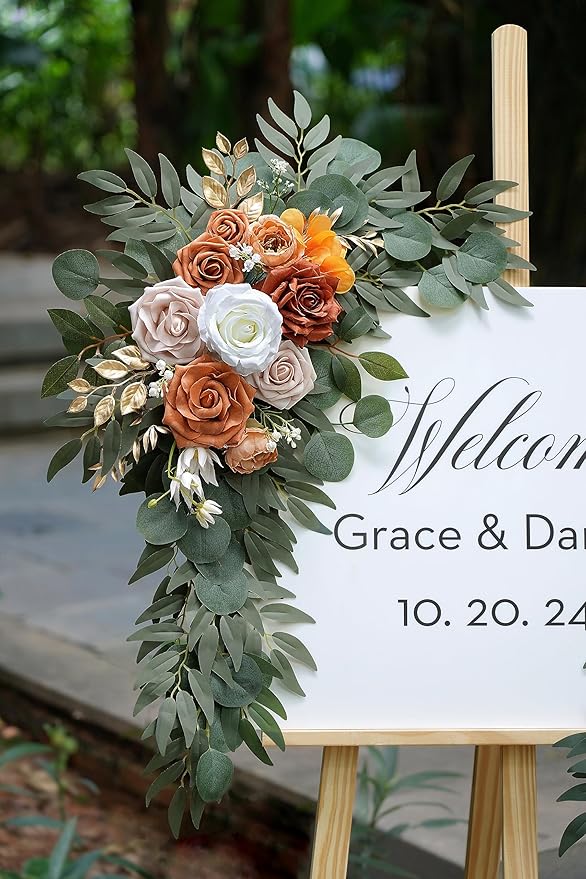 Artificial Flower Swag Set of 2 for Wedding Welcome Signs Floral Decorations, Burnt Orange Wedding Arch Flowers for Wedding Ceremony