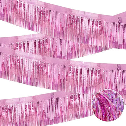 4 Pcak Each 10 Feet Glitter Pink Parade Float Decorations for Trailer Car, Glitter Foil Fringe Metallic Tinsel Streamers Banner Garland for Graduation Weeding Homecoming Birthday Party (Glitter-Pink)