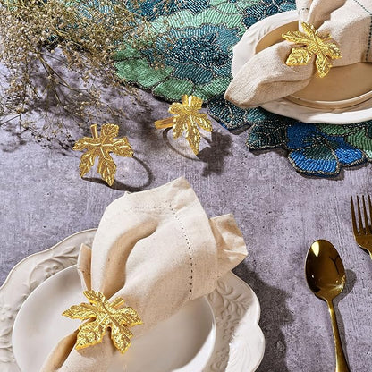 Elegant Handcrafted Leaf Napkin Rings - Set of 12 Premium Aluminum Holders for Dinner Parties, Weddings, Special Occasions & Everyday Dining (Gold) - CLEENTABLE