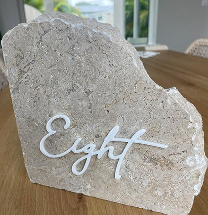 Cursive Wedding Table Number SET, DIY thin modern Black or White acrylic cutouts with silicone glue included. Words only, no backing (One - Ten, Gloss White)