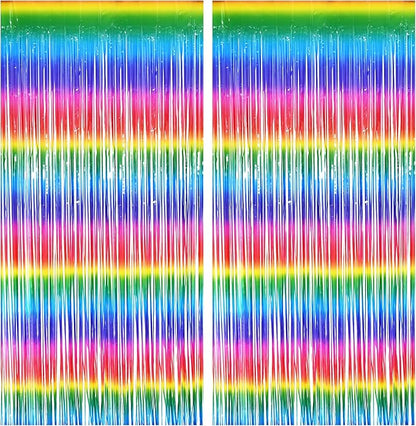 BRAVESHINE Fringe Backdrop Tinsel Foil Curtains - 2 Pack Colorful Metallic Streamers Backdrops for Doorway Decor/80's/90's/Dance/Graduates/Rainbows-Theme/Candylands/Kids Birthdays Party Decorations