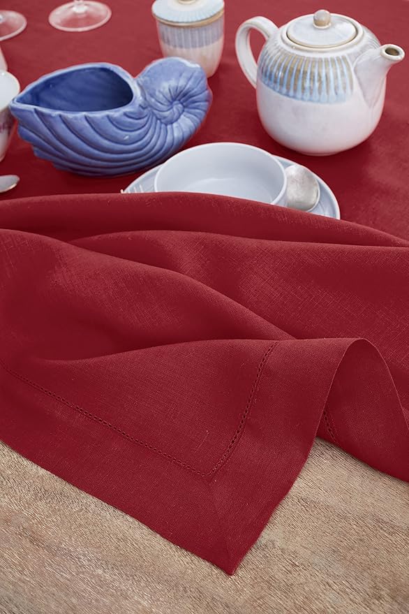 Solino Home Red Linen Tablecloth 60 x 144 Inch - 100% Pure Linen Hemstitch Table Cloth for Rectangle Tables - Classic Hemstitch, Machine Washable Tablecloth for Christmas