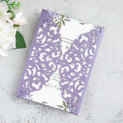 20Pcs Lilac Laser Cut Invitation Cards With Blank Inner Sheets for Wedding Cards Bridal Shower Engagement Quinceanera Invitation (No Envelopes)