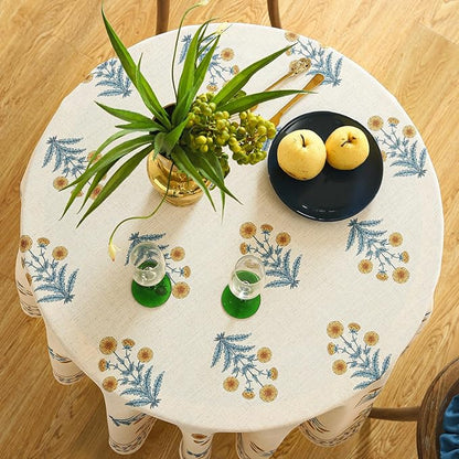 ISAENNE Designer French Pale Yellow Round Tablecloth,Linen Floral Table Cloth,Wrinkle Resistant Decor Tablecloths for Dining Thanksgiving Banquet Kitchen Party,Diameter 67"-Estevan A
