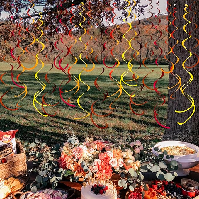 36 Pcs Fall Hanging Swirl Decorations Brown Burgundy Orange Yellow Felt Swirl Streamer Spiral Ceiling Decorations Garland for Autumn Thanksgiving Harvest Birthday Wedding Bridal Shower Party Supplies