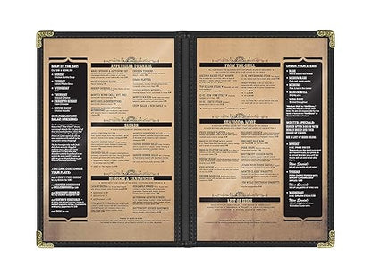 Goodsmart Restaurant Menu Covers – 25 Pack Black 4-View, Side-Loading Menu Holders, Vinyl & Plastic Café Menu Covers, Clear Menu Sleeves, Fits 5.5" x 8.5", Leather-Style Design, Gold Corners