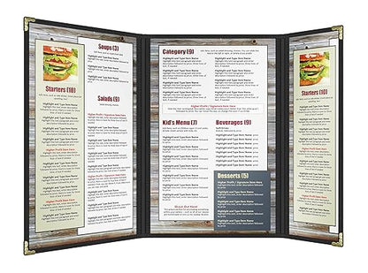 Goodsmart Restaurant Menu Covers – 25 Pack Black 6 Views Trifold, Side-Loading Menu Holders, Vinyl & Plastic Menu Covers, Clear Menu Sleeves, 8.5" x 14" & 4.25" x 14", Café Style with Gold Corners