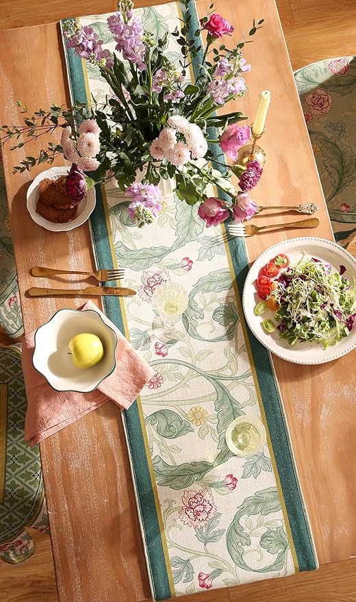 patdrea Designer Green Floral Table Runner,French Elegant Vibrant Rustic Linen with Green Leaves Patterns Fabric Table Mat,Decoration for Kitchen Dining Room Banquet Christmas ,12"*71"