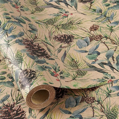 RUSPEPA 30" X 32.8' Kraft Christmas Wrapping Large Paper Roll, Jumbo Roll, Watercolor Pinecone and Eucalyptus Leaf Design, Kraft Gift Wrap for Christmas, Winter Holiday Party, Rustic Natural Theme
