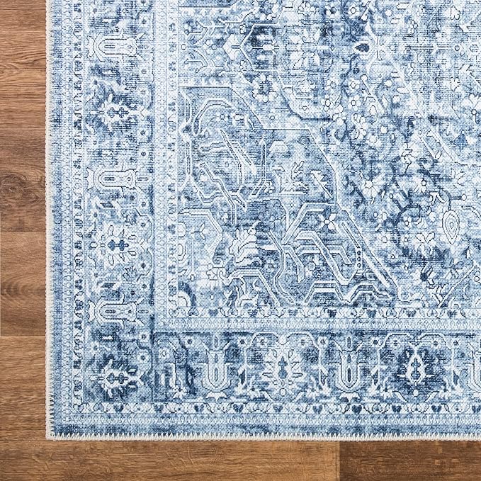 Bloom Rugs Washable Non-Slip 6' x 9' Rug - Ivory/Denim Blue Traditional Medallion Area Rug for Living Room, Bedroom, Dining Room, and Kitchen - Exact Size: 6' x 9'