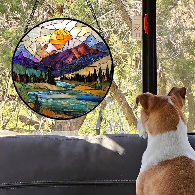 Stained Glass Window Hanging, Blue Lake Golden Sun Abstract Mountains Landscape Suncatcher for Doors Window Home Sun Catchers Decor Mother's Day Birthday Gifts for Women Men Mom 6.3 in