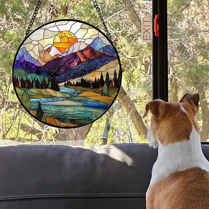 Stained Glass Window Hanging, Blue Lake Golden Sun Abstract Mountains Landscape Suncatcher for Doors Window Home Sun Catchers Decor Mother's Day Birthday Gifts for Women Men Mom 6.3 in