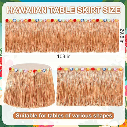 Hawaiian Themed Party Decorations, 2PCS Luau Party Table Skirt Decorations, 108 X 29.5" Table Skirt Flower Tropical Hula Dance Parties Supplies, Grass Table Skirt for Summer Beach Themed Party