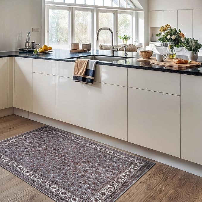 Bloom Rugs Washable Non-Slip 3' x 5' Rug - Slate Gray Traditional Oriental Area Rug for Living Room, Bedroom, Dining Room, and Kitchen - Exact Size: 3' x 5'