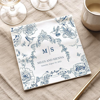 Custom Wedding Cocktail Napkins, Blue Floral Cocktail Napkins, Personalized Paper Napkin for Wedding Reception, Blue and White Flower Paper for Bridal, Engagement Party, Bridal Shower