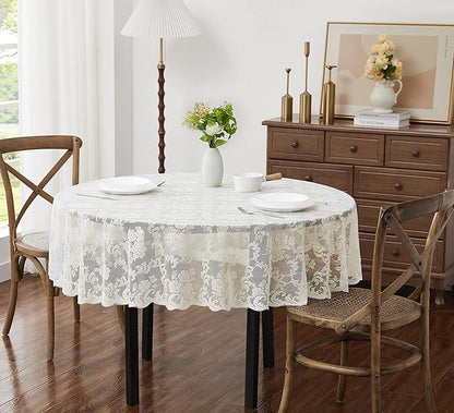 LinenZone Extra Large Ivory Round Tablecloth for Rustic Vintage Decor. Sheer Lace Table Cloth Works Great As Wedding Tablecloth or Thanksgiving Table Cover. (Mia 132 Round, Ivory)