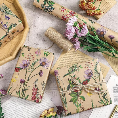 RUSPEPA Wildflower Floral Wrapping Paper Roll for Women, 17 Inches x 9.8 Feet, Mini Roll, Herbal Kraft Wrapping Paper for Christian Gifts, Birthdays, Weddings, Bridal Shower and Engagement